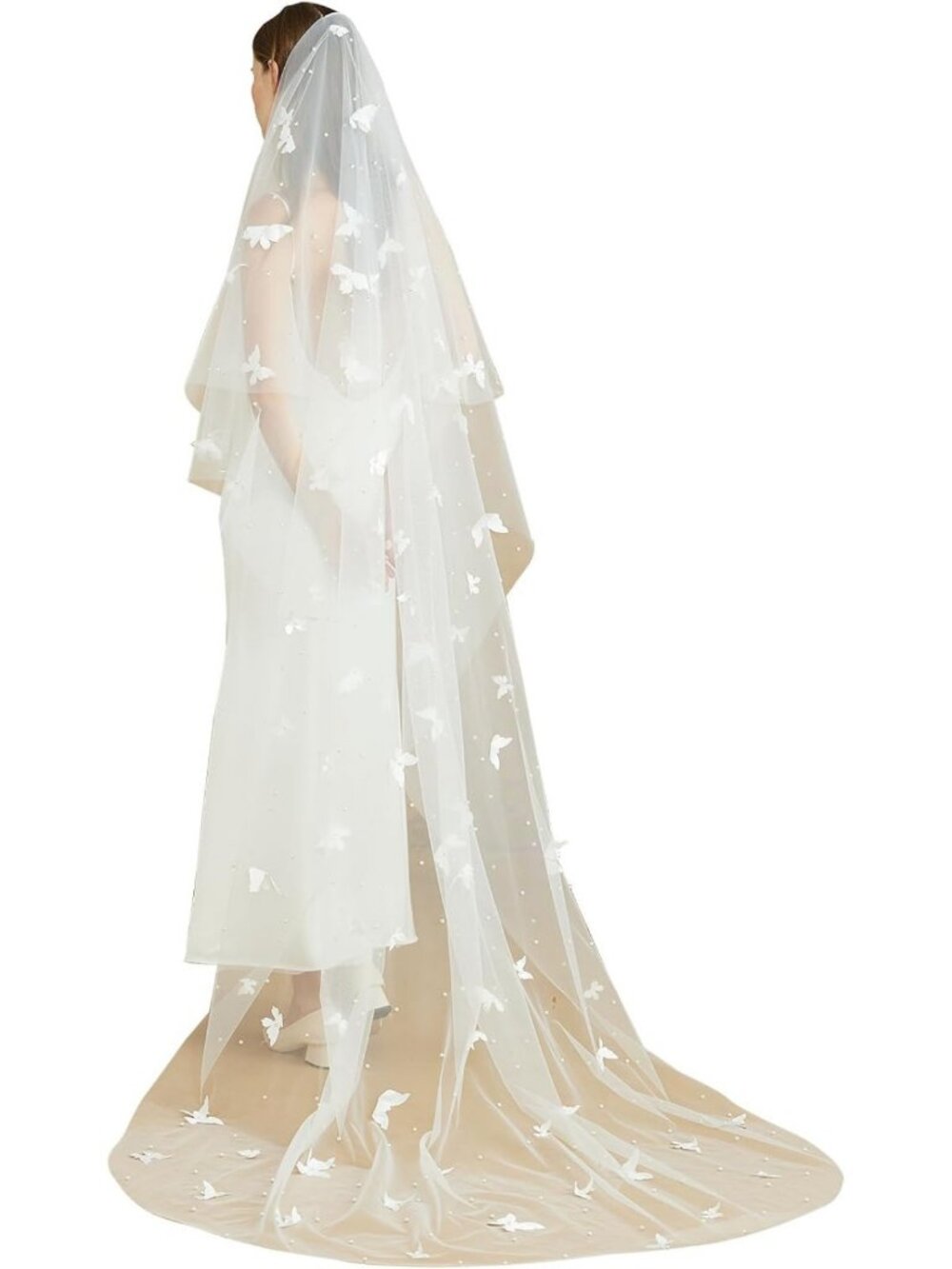 Elegant Cathedral Wedding Veil - 2 Tiers, Pearl Accents, Butterfly Design, Comb